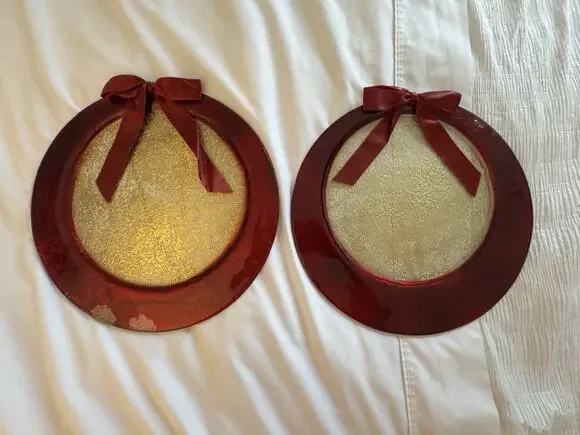 Lot of 2 Red Gold Plates Holiday Bow Christmas Home Decor Glass Frosted
