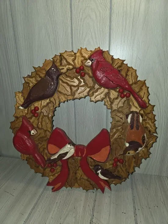 Vtg 2004 Handmade Wood Christmas Wreath Cardinals Birds Holiday Farmhouse 15