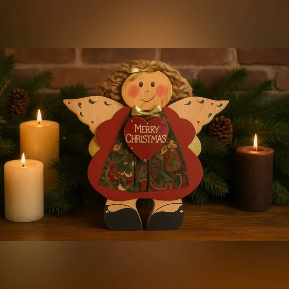 Vintage Handmade Wooden Angel “Merry Christmas” Folk‎ Art