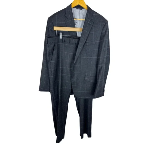 Banana Republic Mens Tailored Wool Blend Windowpane Suit Charcoal Gray 44R 36x34