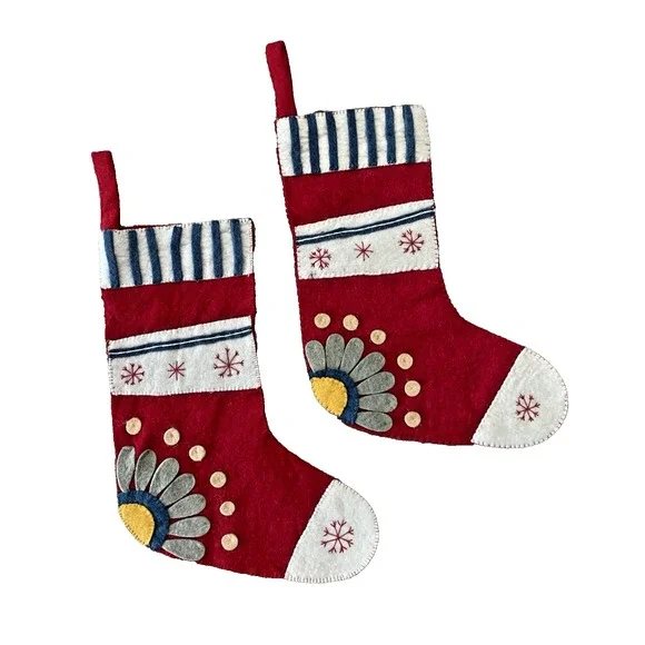 Set of‎ 2  Creative Co-Op Felted Wool Appliqued Christmas Stockings