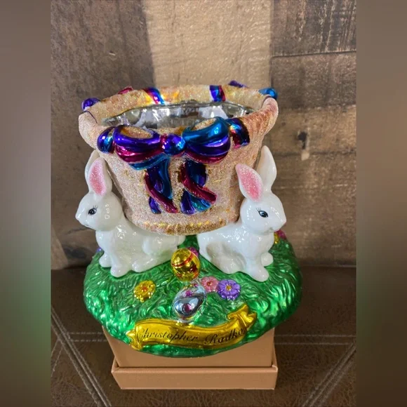 VINTAGE Christopher Radko Easter Bunny & Eggs Decorative Candy Dish 2004 Glitter