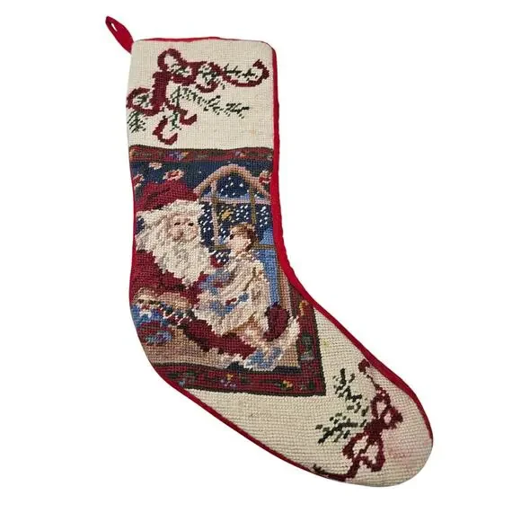 Vintage Christmas Stocking Needlepoint Santa Red Velvet Traditional Classic