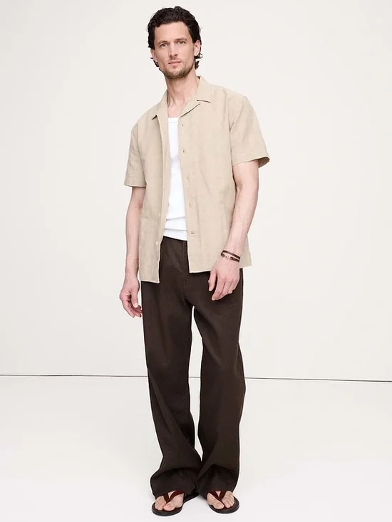 Banana Republic Untucked Fit Men's Short Sleeve Beige Camp Shirt 100% Cotton
