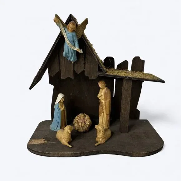Vtg Wooden Nativity Manger Creche Plastic Fixed Figures‎ Jesus Angel Mary Joseph