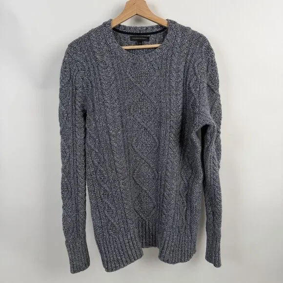 Banana Republic Fisherman Sweater Mens Large Blue Cable Knit Chunky Merino Wool