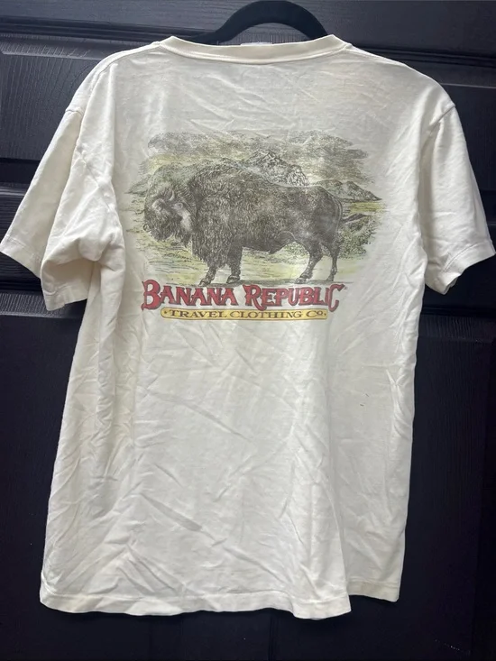 Vintage 1980’s Banana Republic Cream Tee with Red Logo and Brown Bison Graphic