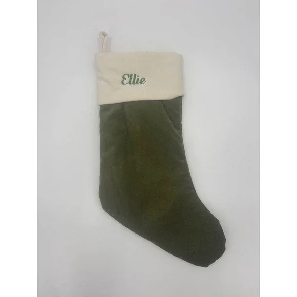 Pottery Barn Personalized Christmas Stocking Olive‎ Green Velvet Embroider Ellie