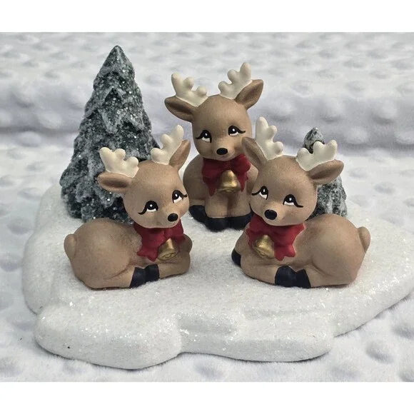 Vintage Christmas Reindeer Ceramic Mold Figurine Hand Painted 1980s Snowy Trees