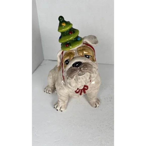 Blue Sky Clayworks Christmas Bulldog‎ Figurine w/ Tree Hat Holiday Decor Dog