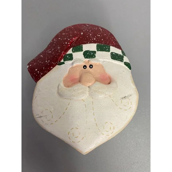 Hand Painted Wooden Santa Claus‎ Face Trinket Box Christmas Holiday Decor