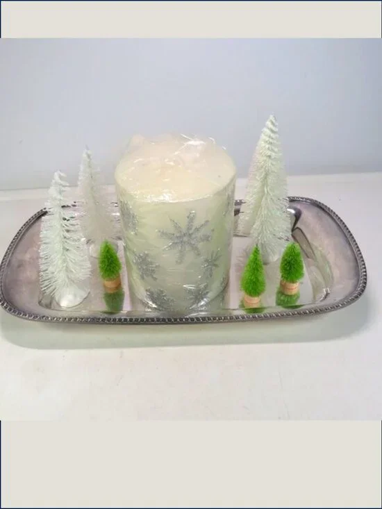 Silver plated Poole Bread Tray, Winter Pillar Candle & Christmas Trees