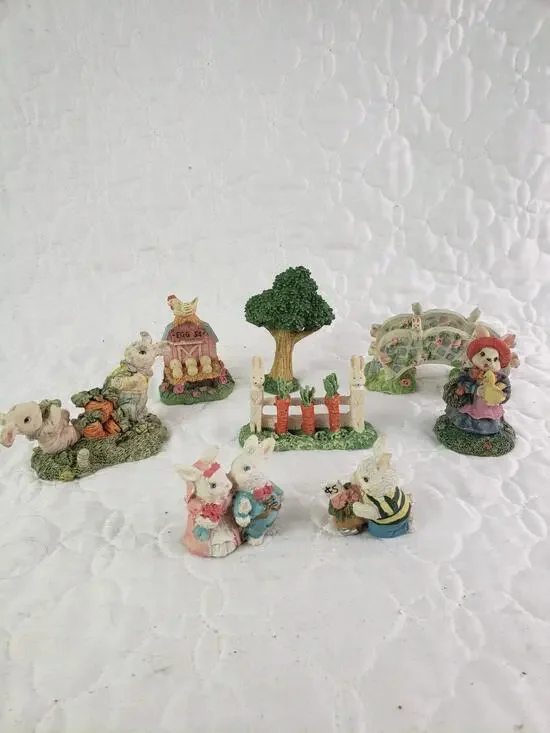Vintage Easter Bunny Village Figurines Garden Accessories Spring Decor 8 Pcs