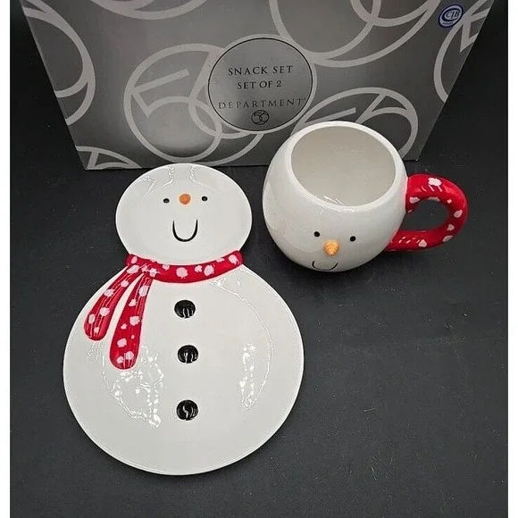 Snowman Red White Snack Plate Cup Mug. Christmas Seasonal Department 56 w/box‎