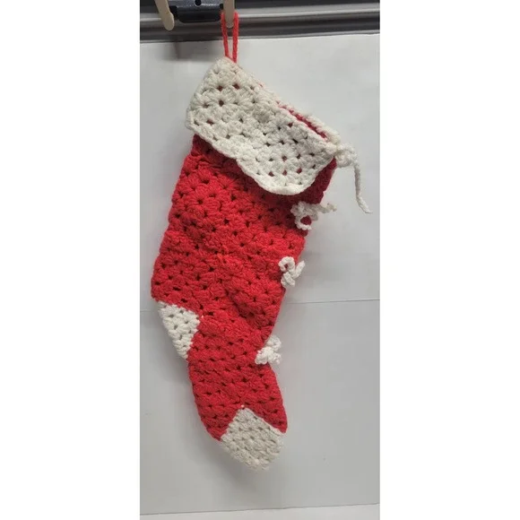 Vintage Handmade Crochet Christmas Stocking Red White Bows Holiday Decor‎ 14.5in