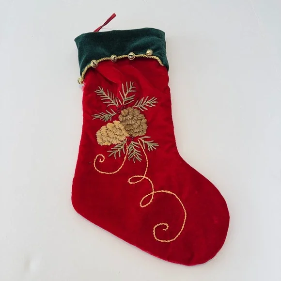 Red Velvet Christmas Stocking Embroidered Pinecones Jingle Bells Green Cuff 18in