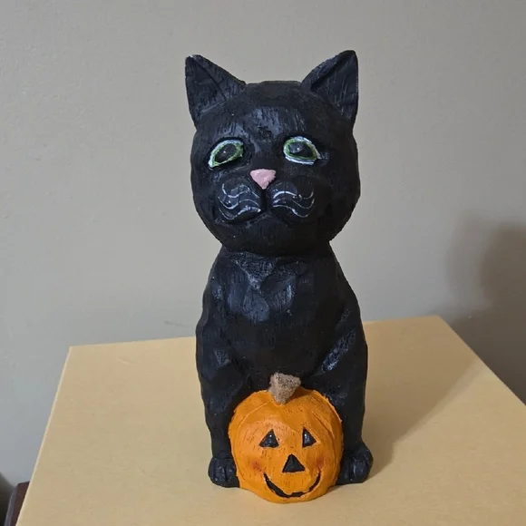 Halloween Black Cat Resin Figurine with Pumpkin 9 Inches