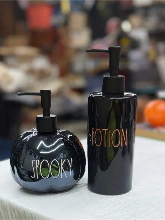 Rae Dunn Black 'Spooky' Pumpkin soap pump & Potion Lotion Pump Set