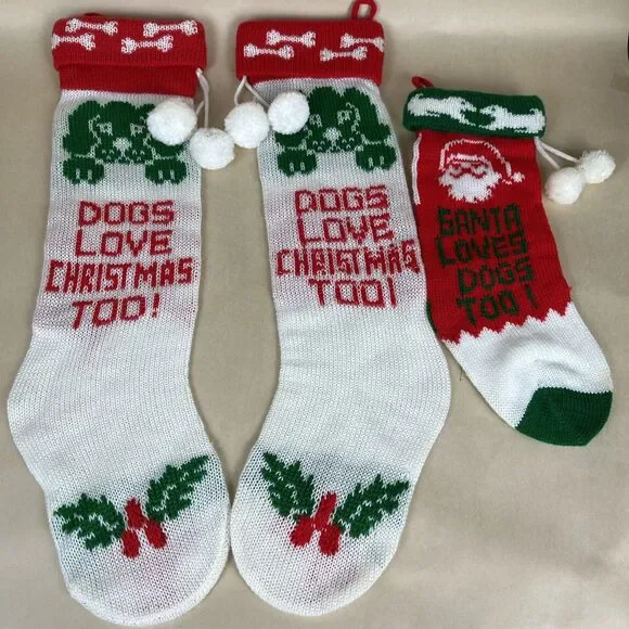 3 VTG 90's Knit Christmas Stocking - SANTA LOVES DOGS TOO & DOGS LOVES XMAS‎ TOO