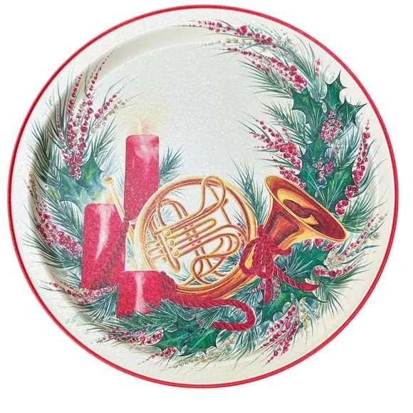 Vtg 90's Prettique Joyeux Noel Christmas Metal Round Tray Candles‎ French Horn