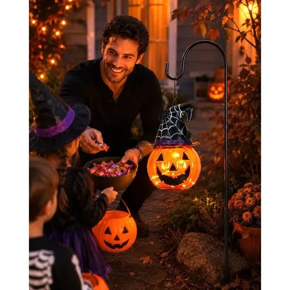 Halloween Solar Pumpkin Lantern Yard Stake Glass LED Outdoor Decor