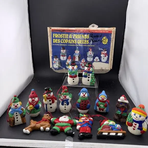 Wee Crafts Frostie & Friends 14 Pc 3D Christmas Ornament Set w/ Box Vintage