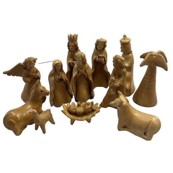 Vtg 13 Pc Clay Nativity Terra‎ Cotta Artisan Handmade Latin American Folk Art