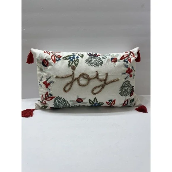 Christmas Throw Pillow Joy Beaded Embroidery White Gold Green Red Tassels 17x9.5