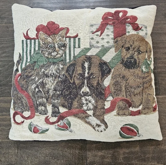 Vintage  and Charming Christmas Tapestry Puppy and Kitten Pillow