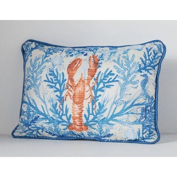 Anthropologie Outdoor Pillow Marina Lobster Blue Natuical Coastal‎ Decor Throw