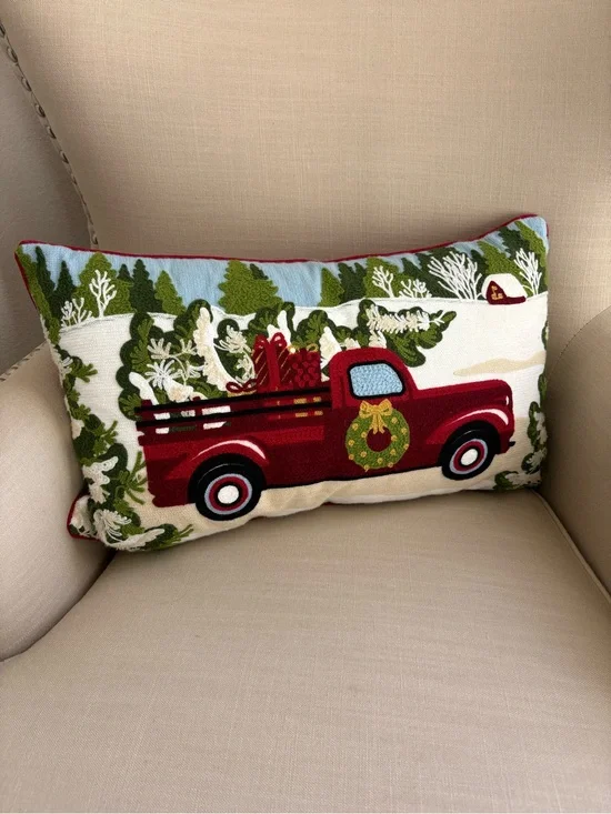 Winter Scene Hooked Throw Pillow Red Christmas Truck Presents Wreath 22”x14”x6”
