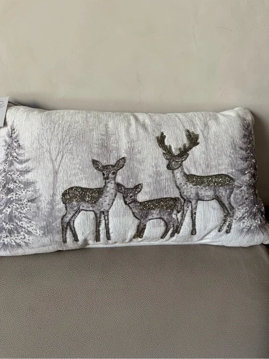 Holiday Deer Decorative Hand made Pillow India- White and Gray
