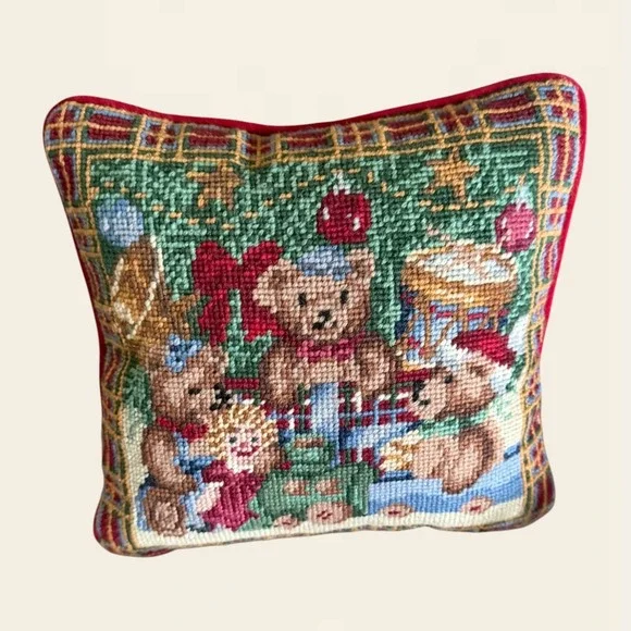 Vintage Christmas Needlepoint Teddy Bear Throw Pillow Red Velvet Plaid 9x9