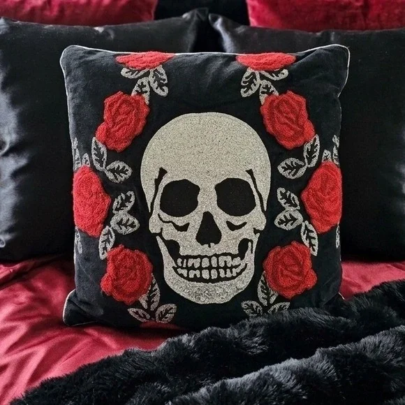 Crimson Gate Gothic Glitter Skull & Rose Embroidered Black Throw Pillow 18x18