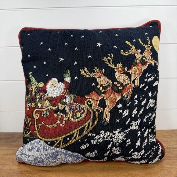 Vintage Christmas Pillow Santa Sleigh Reindeer Cross Stitch Cottagecore Granny