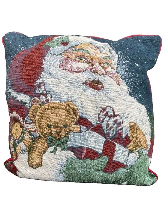 VTG Christmas Needlepoint Tapestry Pillow Santa Claus Teddy Bear Doll 12” x 12”