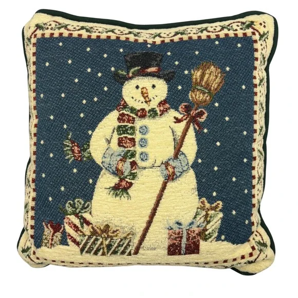 Vintage Christmas Snowman Woven Tapestry Throw Pillow Blue Green 12x12 Holiday