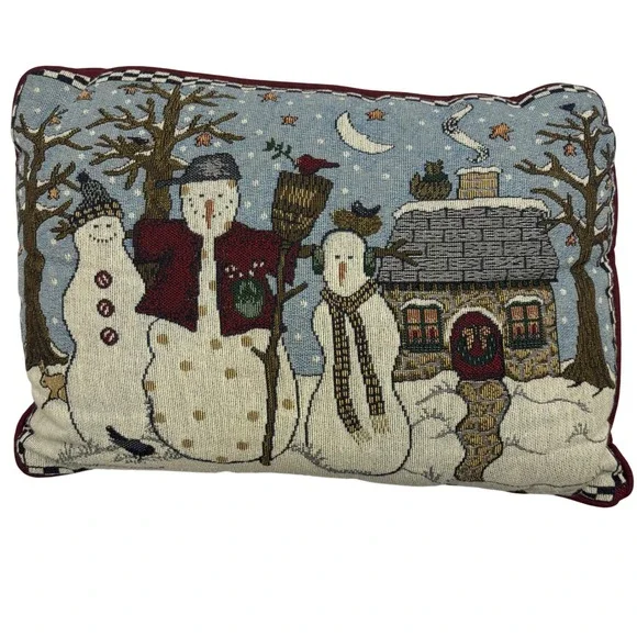 Vintage Woven Tapestry Snowman Winter Cottage Decorative Accent Pillow Burgundy
