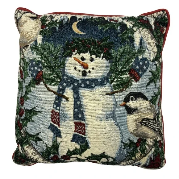 Vintage Snowman Chickadee Woven Tapestry Christmas Decorative Throw Pillow 12.5
