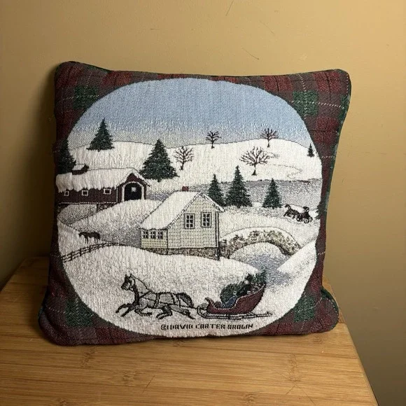 Gurvic Carter Brown Winter Tapestry Throw Pillow Horse Sleigh‎ Snow Scene 16