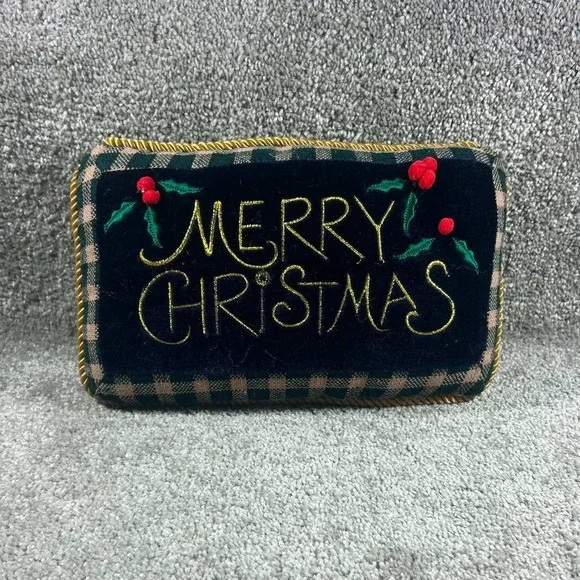 Merry Christmas Plaid Velvet Pillow Black Gold Small Decor