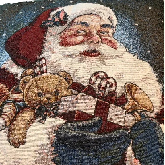 Vintage Tapestry Santa Claus Christmas Throw Pillow Teddy Bear Toys Green 16x16