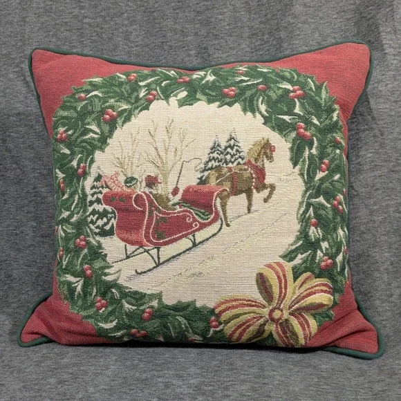 Vintage Christmas Woven Tapestry Pillow Horse Sleigh Wreath Red Green 16x16