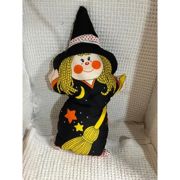 Vintage Halloween Witch Plush Pillow 18 Inch Black Orange Yellow Retro Decor
