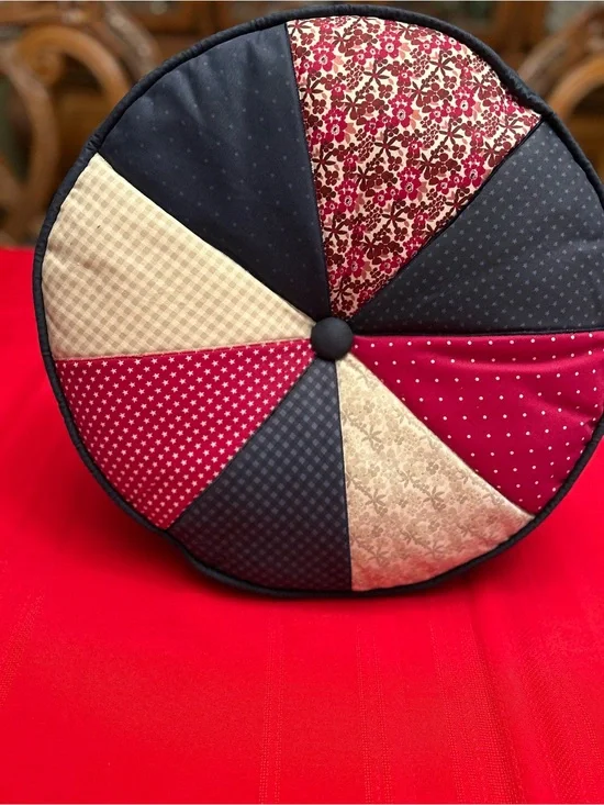 Round Patchwork Throw Pillow in Burgundy, Cream and Navy