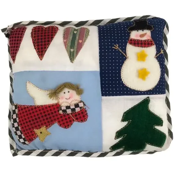 Vintage Christmas Small Patchwork Pillow Snowman Angel Tree Hearts 8''x6.5''