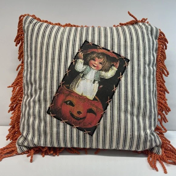 Vintage Halloween‎ Pillow Handmade Baby in Pumpkin Orange Fringe 14