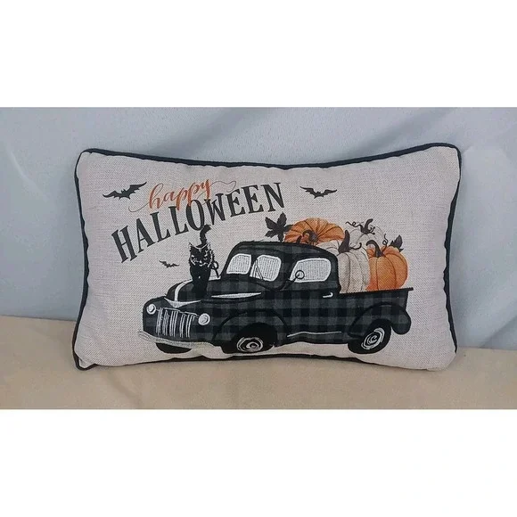 Happy Halloween Throw Pillow‎ Black Cat On Vintage Truck & Pumpkins Fall Pillow