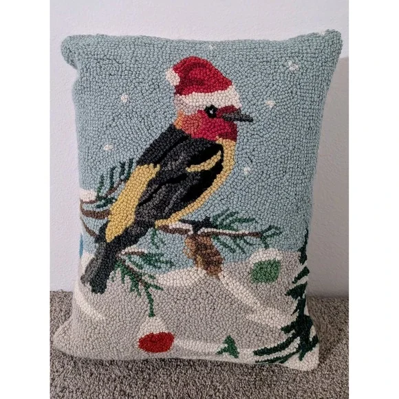 Christmas Bird Hooked Pillow Red Santa Hat Winter‎ Scene Decorative 14x17