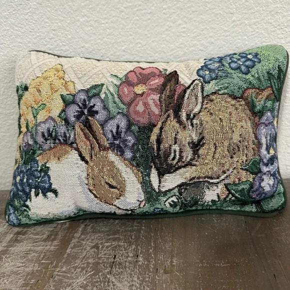 Vintage Bunny Rabbit Floral Tapestry Small Pillow Cottagecore Spring Easter‎